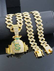 1pc Rhinestone Embellished Money Bag Pendant Necklace, Casual Wear Personalized Hip-Hop Cuban Chain Necklace For Men - Money Bag Pendant Necklace - View 23