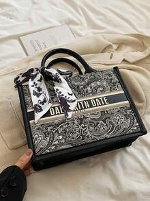 (28cm*20cm*10cm) Bolsa Feminina da Moda, Grande Capacidade, Formato Quadrado, Leve, Decoração de Lenço Requintada, Material Resistente a Arranhões e Abrasões, Adequada para Compras, Encontros, Reuniões, Transporte, Padrão de Letra, Elegante Bolsa Tote Casual Minimalista para Senhoras