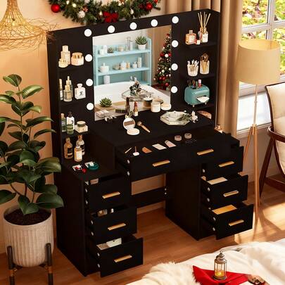 [Holiday Essential Gift Picks] Elegant Wooden Vanity Table With Illuminated Mirror & 3 Light Settings! Drawer Storage + Open Storage Shelf, USB Charging Port, Must-Have For Girls' Rooms