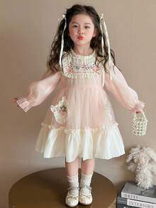 Random Embroidery Girls Dress New Style Elegant Children Young Girl Long Sleeve Princess Tulle Dress - Baby Pink - View 1