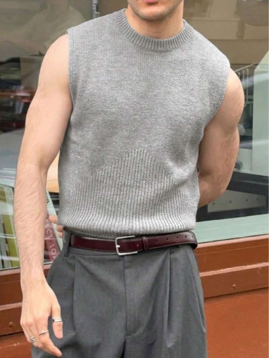 ANDREILEE Men's Casual Loose Solid Color Retro Korean Style All-Match Pullover Knit Sweater Vest, Suitable For Spring And Summer - Light Grey - View 1