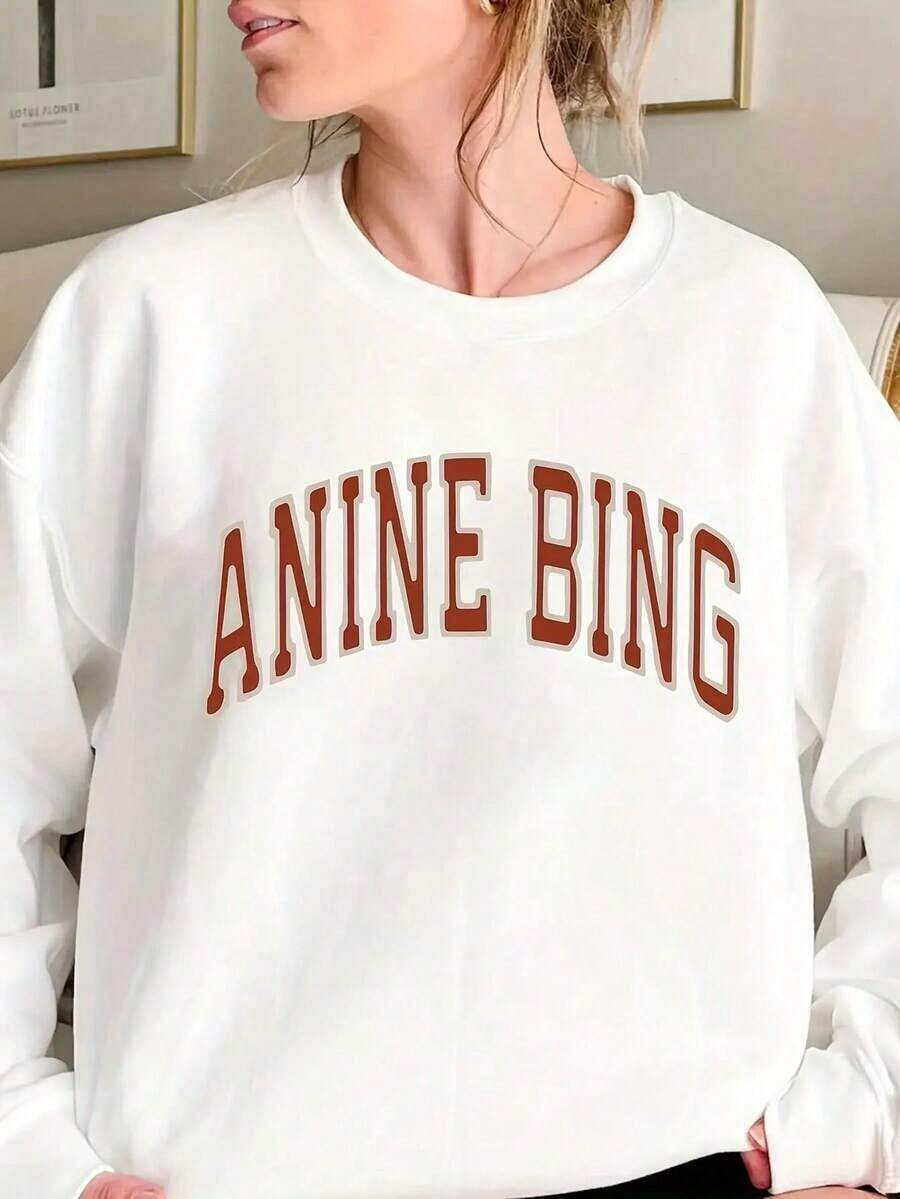 Women'S Casual Crew Neck Sweatshirt With Letter Print - Cozy Fall/Winter Pullover, Long Sleeve, Brown, Casual Wear |   Playful Letter Print |     Construction, Ladies Sweaters2026 - trắng - Xem 1