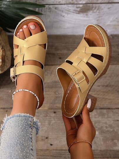 รองเท้าแตะสไลด์ทอสีตัดกันสำหรับผู้หญิง, สายทอแบบปะด้วยหัวเข็มขัดโลหะ, ลายบล็อกสีแดงดำขาว, เปิดนิ้วเท้า, สายทอ, ส้นหนา, มีสไตล์และทันสมัย, เหมาะสำหรับใส่ในชีวิตประจำวัน, ฤดูร้อน, บล็อกสีแดงดำขาว, วัสดุหนัง