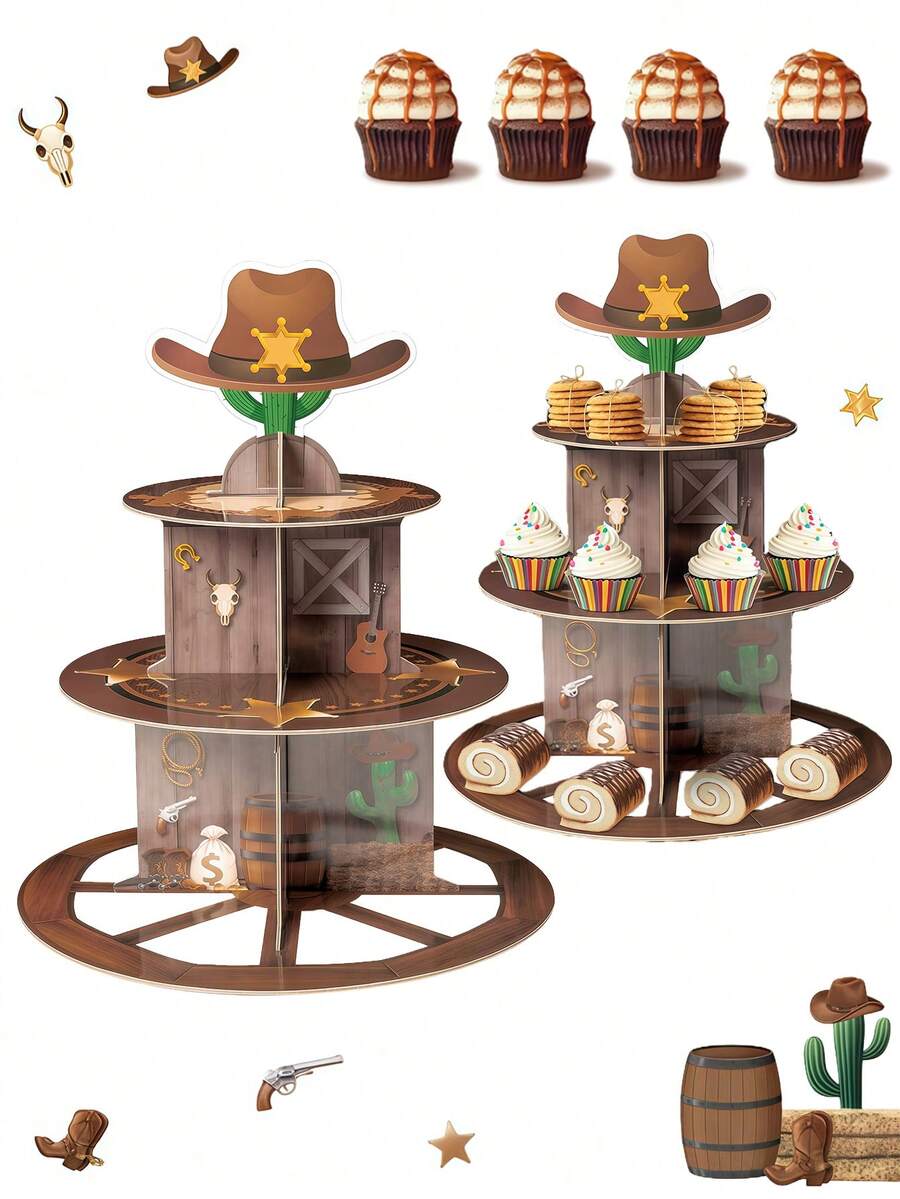 Soporte de 3 niveles para cupcakes estilo vaquero occidental, decoración de fiesta de cumpleaños con tema vaquero, estante de papel para postres, soporte para cupcakes de fiesta del Lejano Oeste, adecuado para suministros de fiesta salvaje, decoraciones para baby shower - Multicolor - Ver 1