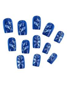24 piezas de uñas postizas cuadradas de estilo europeo de tamaño mediano, elegantes en azul brillante con decoraciones de piedras de imitación plateado-blanco con diseño floral, juego de uñas postizas de cobertura completa y removibles, adecuadas para fiestas, bailes de graduación y uso diario - Azul - Ver 5