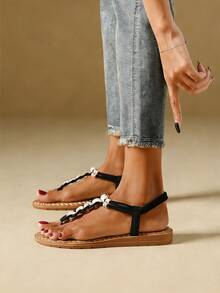 Bohemian Style Comfortable Flat-Bottomed Water-Crystal Sandals - Black - View 5