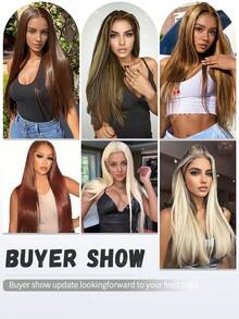 26英寸直发合成接发，带刘海，发尾微卷，打造自然长直发效果。升级品质，柔顺易打理，耐高温纤维，耐热。金色，适合女性日常、节日派对和音乐节等场合。 - 彩色 - 查看 8