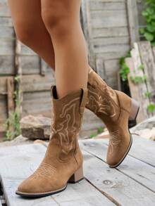 Women's Western Fabric Embroidered Fashion Boots, Wide Toe, Chunky Heel, Suitable For Holidays And All Seasons - Brown - View 1