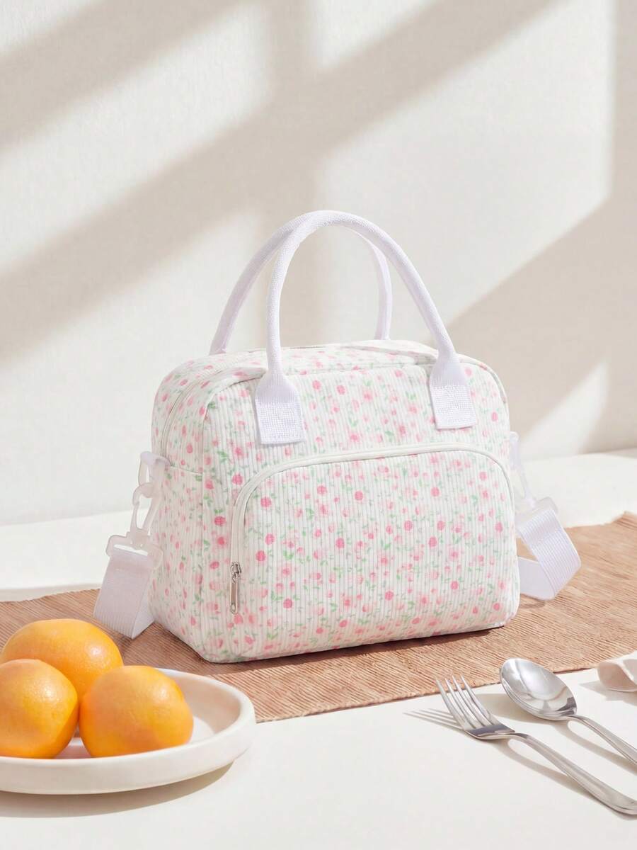1Piece Portable Lunch Bag Large Reusable Insulated Lunch Box Bento Pouch Dinner Insulation Bag Student Thickened Cute Lunch Fruit Bag Pink Strawberry Stripe Leopard Print Small Floral Bag For School School Accessories School Stuff - 粉紅玫瑰 - 查看 1