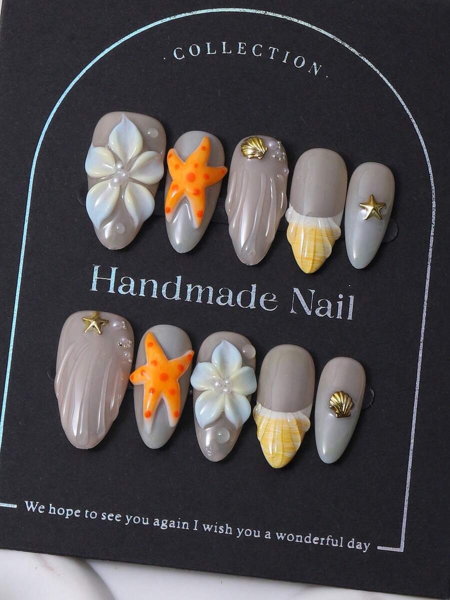 10 قطعة/مجموعة ملصقات أظافر بشكل لوز مصنوعة يدويًا على الطراز الفرنسي الأصفر Y2K وبنقوش ثلاثية الأبعاد محفورة يدويًا وبنجوم بحرية مرسومة يدويًا وبتصميم تدرج صدفي مطعم للزينة الأظافر. قطعة واحدة من جيلي جل وقطعة واحدة من مبرد أظافر، مناسبة للاستخدام اليومي وكذلك لأزياء مهرجان كوتشيلا الموسيقي، وأظافر مضغوطة ومنتجات العناية بالأظافر.