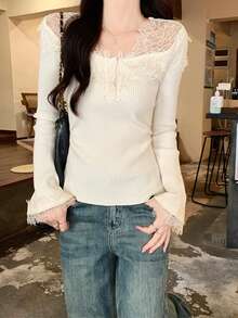 Lace Patchwork V-Neck Long Sleeve Top, 2026 Spring Women's New Pleated Waist Slimming Gentle Style Undershirt - Apricot - View 6