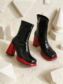 Women's Go Go Boots Platform Chunky Block Heel Boots Prom Square Toe Side Zipper Mid Calf Booties Shoes - Red - View 5