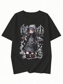 New Summer Z-Gen Y2K Style Women's Graphic Print Crew Neck Short Sleeve T-Shirt - Black - View 6