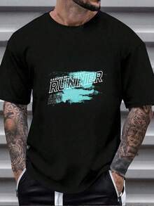 Men's Street Style "RUNNER" Graphic Print T - Shirt, Casual Loose Fit Short Sleeve Tee With Retro Sporty Design For Daily Wear -  Athletic Top For Men - 黑色 - 查看 1