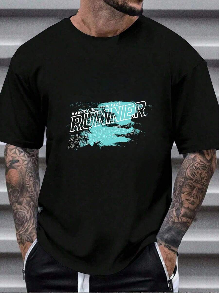 Men's Street Style "RUNNER" Graphic Print T - Shirt, Casual Loose Fit Short Sleeve Tee With Retro Sporty Design For Daily Wear -  Athletic Top For Men - 黑色 - 查看 1