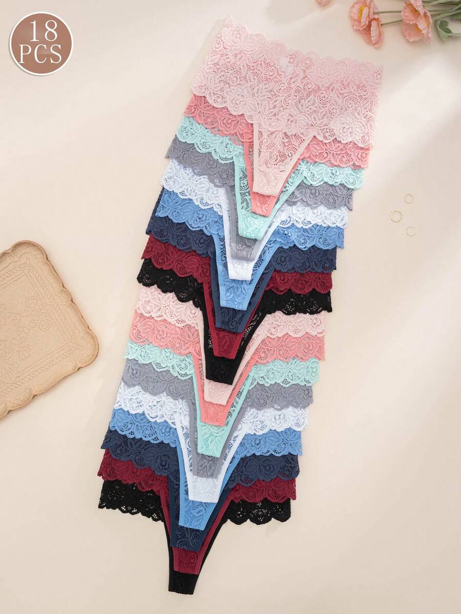 18条/包 女士高腰性感蕾丝丁字裤 - 彩色 - 查看 1