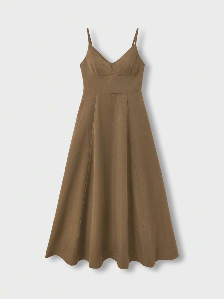 QUNGIGU Vestido de mujer elegante de longitud media con tirantes finos, falda de línea A con textura de lino y cuello en V, vestido de verano fluido y sin espalda para boda, fiesta de cóctel y playa - Marrón - Añade 6