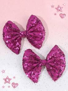 2pcs Sparkly Purple Sequin Hair Bows For Girls, Shiny Hot Pink Glitter Bow Alligator Clips, Cute Sequin Bow Barrettes For Party Dance Cheerleading Headpiece Teens Hair Accessories