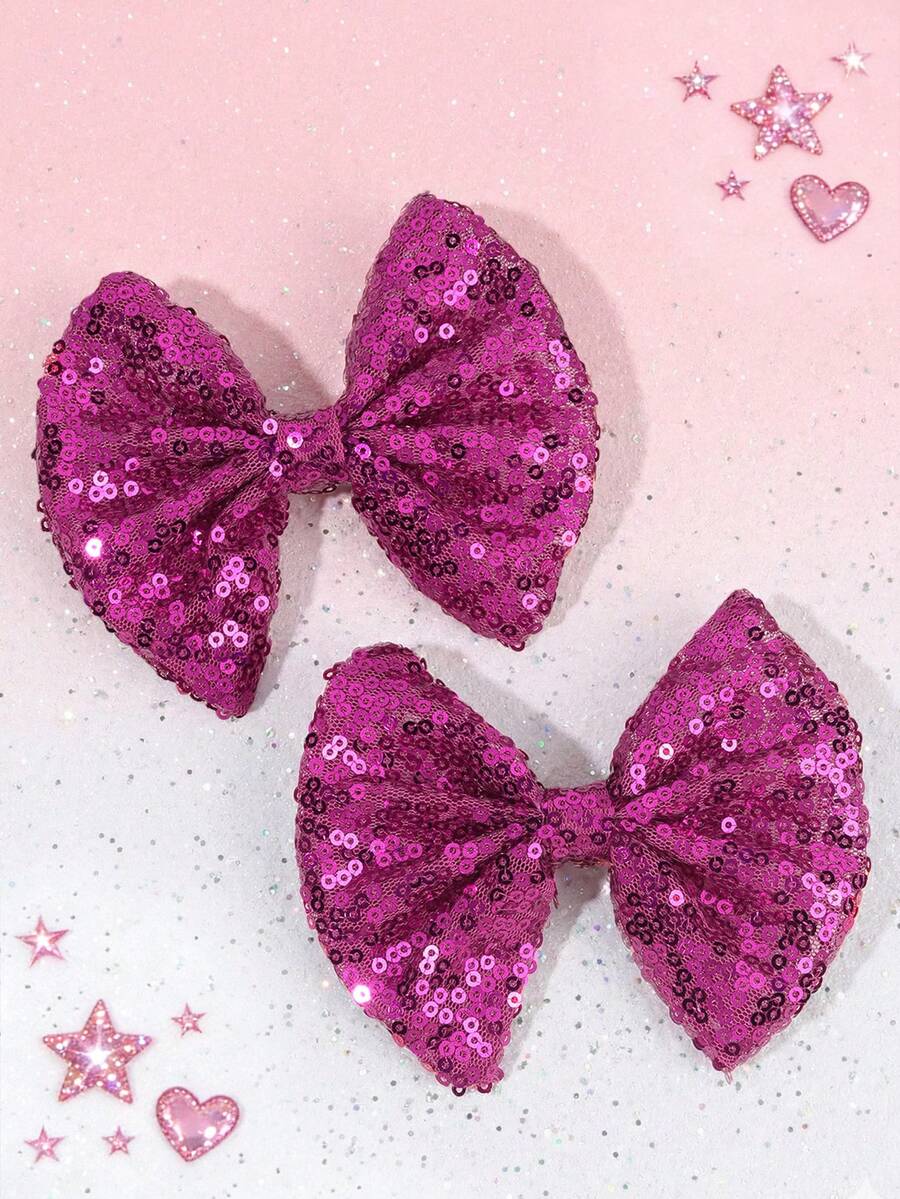 2pcs Sparkly Purple Sequin Hair Bows For Girls, Shiny Hot Pink Glitter Bow Alligator Clips, Cute Sequin Bow Barrettes For Party Dance Cheerleading Headpiece Teens Hair Accessories