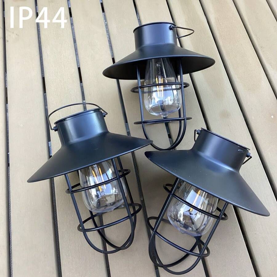 No Wiring Solar Lights Outdoor IP44, Black Vintage Industrial Hanging Lanterns, Auto On/Off With Light Sensor, Warm White Glow, Easy Installation, For Garden Patio Porch Fence Wall Pathway And Outdoor Decor - 黑色 - 查看 1