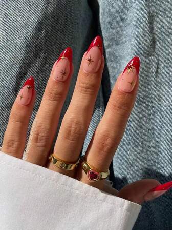 24pcs Medium-Long Almond Shape French Manicure Nail Tips With Eid Mubarak, Star & Sun Elements Design, Glossy Artificial Nails With 1 Nail File & 1 Jelly Gel