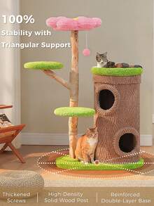 PAWZ Road 53.5" Wood Cat Tree With Flower Perch,  Modern Cat Tower W/Natural Solid Wood Scratching Post (φ3.8in), Large Heavy Duty Forest Cat Tree Furniture W/2 Condos For Indoor & Multi-Cat Household - 綠色 - 查看 3