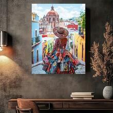 2D Plano, 1 pieza de arte de pared en lienzo con marco de madera de escena callejera mexicana colorida - Diseño vintage moderno, póster impreso de alta calidad, decoración de pared vertical para sala de estar, dormitorio, oficina en casa, cocina, baño, decoración de hogar mexicana, obra de arte de dormitorio, impresión artística, obra de arte enmarcada, impresión decorativa, diseñadores de interiores, 2D plano - Multicolor - Ver 6