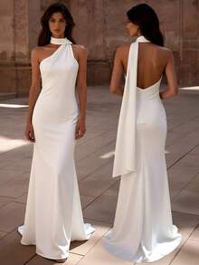 Basrey Solid Color Scarf, Turtleneck, High Waist, Bodycon, Backless, Bodycon Evening Dress, Mermaid Skirt, Dress, Cocktail Dress, Suitable For Formal Banquet, Wedding And Party, Valentine's Day - White - View 2