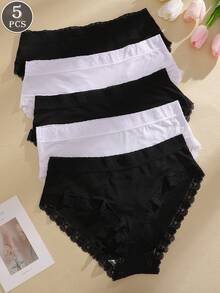 5pcs/Set Solid Color High Waist Lace Patchwork Briefs Panties Set For Women - Multicolor - View 6