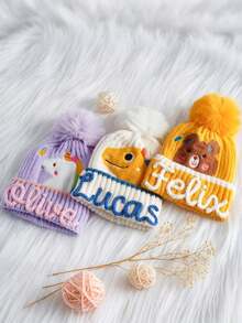 1pc Personalized Embroidered Beanie – Custom Name, Adorable Animal/Dino Patterns, Pompom, Winter Hat, Baby Shower Gift - Multicolor - View 3