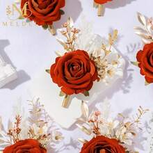 Burnt Orange Velvet Rose Boutonniere For Men,Set Of 6,Groom And Best Man Boutonnieres With Artificial Flower,For Wedding Ceremony Anniversary, Dinner Party, Fall Vintage Rustic Marriage Prom,6pcsOrangeBoutonnieres - 6顆橘色胸花 - 查看 4