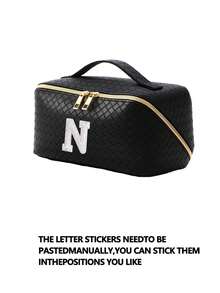 1个PU皮革化妆收纳包，字母图案，防水便携，AB水钻，仿珍珠字母拉链设计，新娘化妆包，化妆包，洗漱包，收纳袋，简约风格，可定制贴纸，旅行化妆包，女士浴室洗漱包（字母A~Z），送给妈妈的礼物，沙滩包，返校必备 - 彩色 - 查看 37