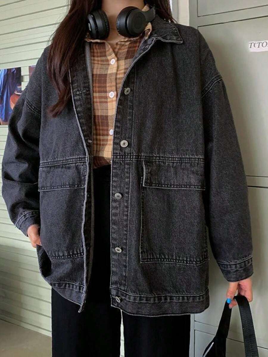 Cazadoras & abrigos mezclilla para mujer Prenda exterior 2026 Estilo coreano Oversize Versátil Casual Ropa de trabajo Top - Negro - Ver 1