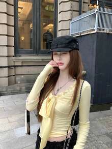 Bowknot Frill V-Neck Fitted Women Top, Early Spring - Light Yellow - View 5