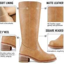 Women's Knee High Chunky Block Heel Square Toe Low Heel Boots, Style - Black - View 7