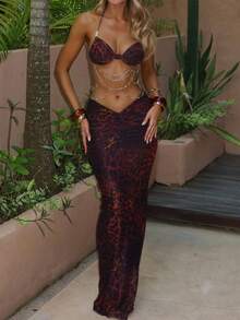 3件套女士性感印花比基尼，露背珍珠结交叉绑带泳衣搭配网纱裙，夏季度假 - 彩色 - 查看 1