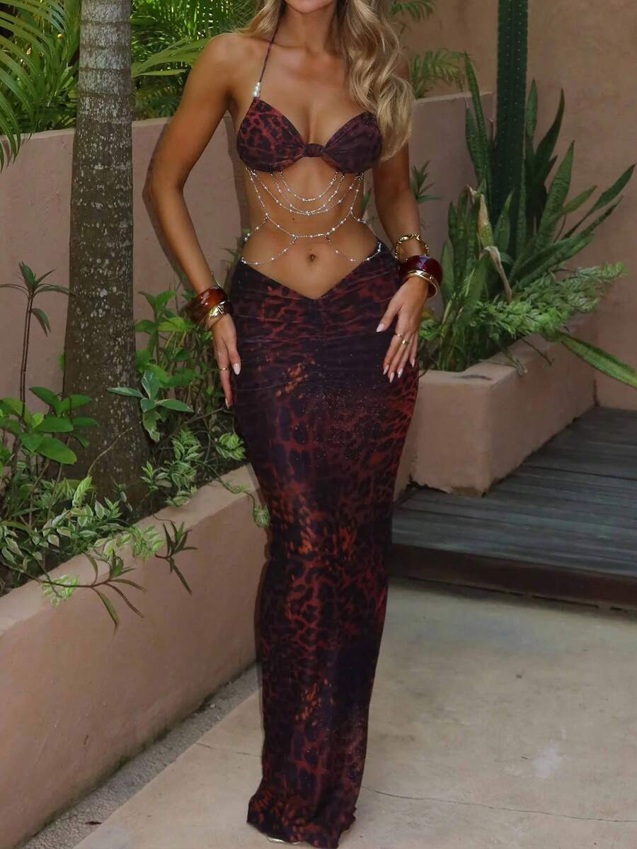 3件套女士性感印花比基尼，露背珍珠结交叉绑带泳衣搭配网纱裙，夏季度假 - 彩色 - 查看 1