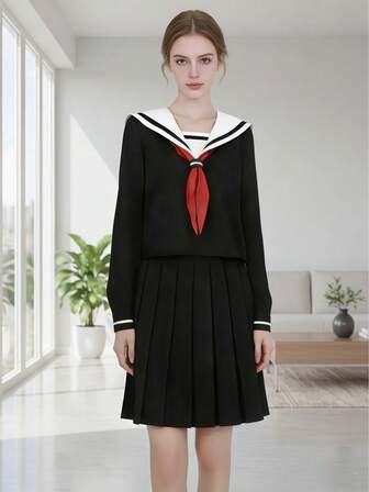 1 st japansk mjukistjej cosplay hell girl-kostym långärmad topp + svart kjol + slipsset, sjömansuniform för kvinnor lämplig för examen cosplay, 2nd Dimension Comic Con, fest, rollspelsklubb, maskerad, alla hjärtans dag