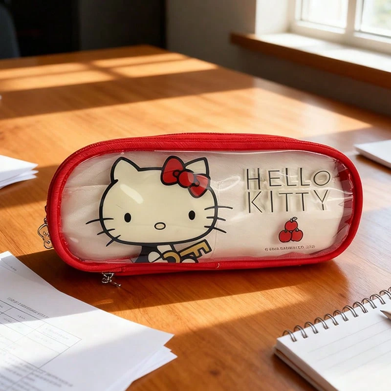 Miniso Sanrio Hello Kitty Red Double-Layer Storage Bag Cartoon Print & Transparent View Window Waterproof Durable Stationery Beauty Sundries Classification Pouch Daily/School/Business Trip Organizer(1 PC) - Red - View 1