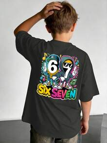 Camiseta de cuello redondo de manga corta con estampado informal para niños preadolescentes, top de verano - Gris Oscuro - Ver 8