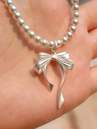 1pc Fashion Faux Pearl Bow Decor Pendant Necklace, Suitable For Women's Daily Wear