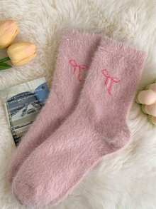 1Pair Of White And Pink Fleece Socks, Bow Design, Warm, Soft And Comfortable, Suitable For Autumn And Winter, Valentine's Day Gift. - 深粉紅色 - 查看 8