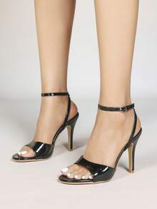 Giày sandal cao gót mũi nhọn cho nữ, mũi tròn, quai rộng có khóa kim loại, kiểu dáng thanh lịch và thời trang, hở mũi, kiểu cơ bản phù hợp cho tiệc tùng, mùa hè và mùa thu. - màu đen - Xem 4