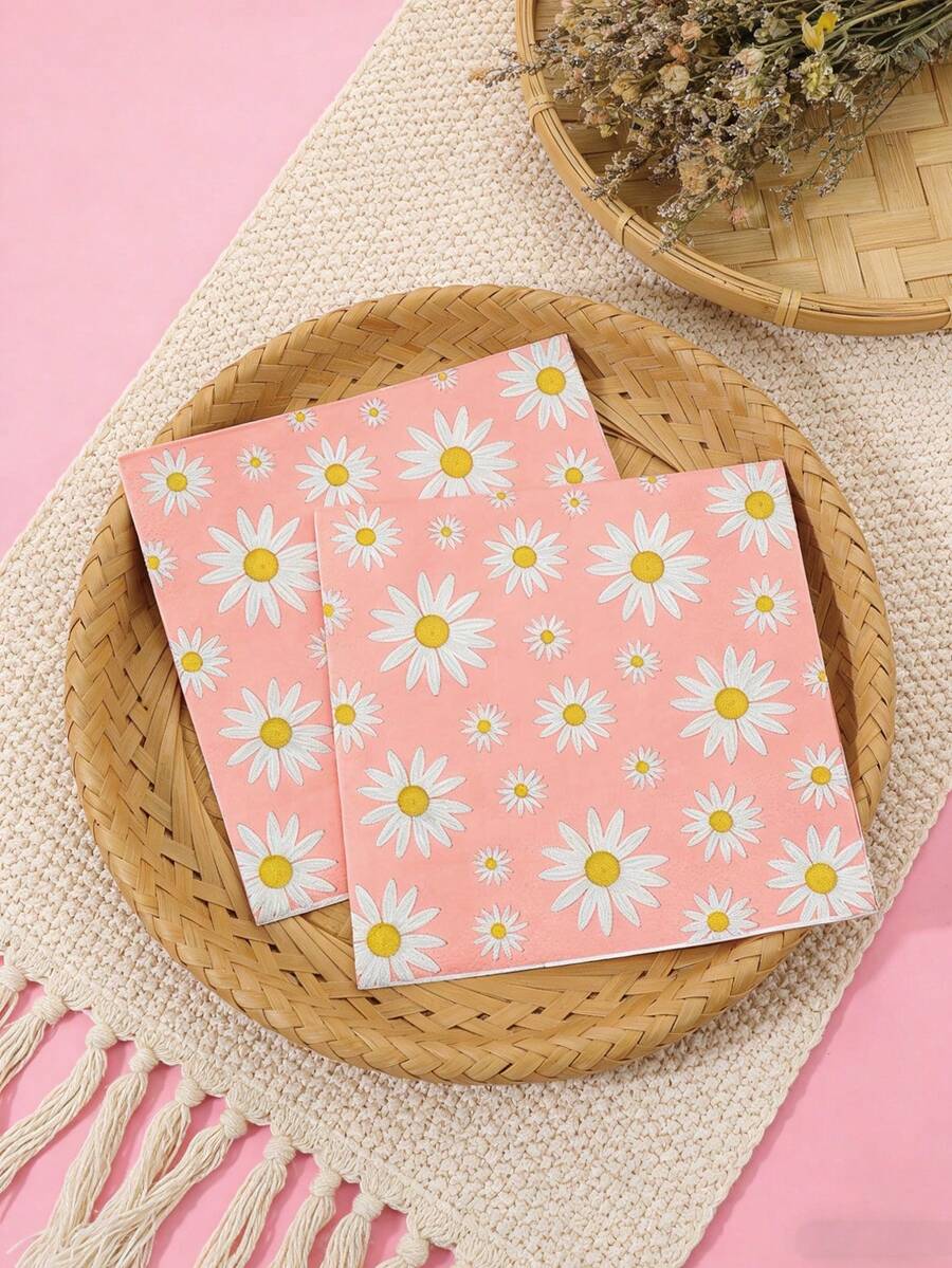 48 piezas de servilletas de 13" X 13" con tema de margaritas - Estampado de margaritas frescas, material de papel, estilo suave y curativo, adecuado para picnic de primavera, té de la tarde de primavera, fiesta de cumpleaños y uso diario - Multicolor - Ver 1
