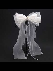 Cream Bowknot Mesh Hair Clip, Ethereal Hairpin With Mesh Ribbon And Pearl Butterfly, Elegant For Wedding, Bridal, And Feminine Style - Multicolor - View 8