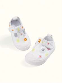 1双新款女童白色可爱清新低帮帆布鞋，彩色花卉印花，魔术贴搭扣，T字鞋面，圆头，柔软平底，舒适轻便，休闲童鞋，适合春季日常穿着、户外活动、旅行、公园漫步、上学和与朋友聚会（图案随机） - 白色 - 查看 4