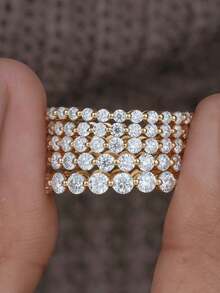1 pieza Anillo de boda de eternidad con diamantes de imitación redondos de 1.5-2-2.5mm, anillo de eternidad parcial, anillo apilable de media circunferencia con diamantes de imitación, anillo de boda solitario con engaste de garra - diamante redondo - Ver 9