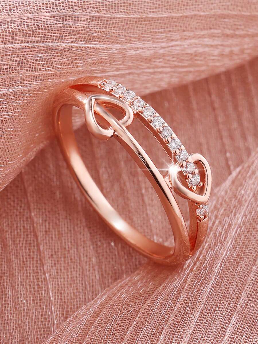 1 chiếc nhẫn cưới đính đá Zirconia trắng hình trái tim - Hoa hồng vàng - Xem 1
