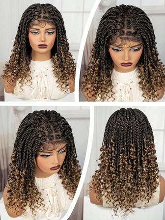 A ANYTIME Peluca trenzada estilo bohemio cuadrada - Peluca trenzada de diosa sin nudos con trenza cuadrada sintética rizada de encaje completo, adecuada para mujeres, peluca trenzada de encaje frontal negro natural