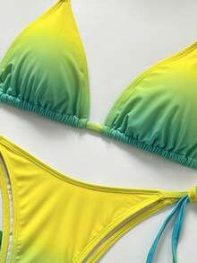 性感时尚黄绿渐变色挂脖比基尼三件套 - 三角上衣 + 系带泳裤 + 修身中长裙 | 海滩度假必备泳装 - 綠色 - 查看 8